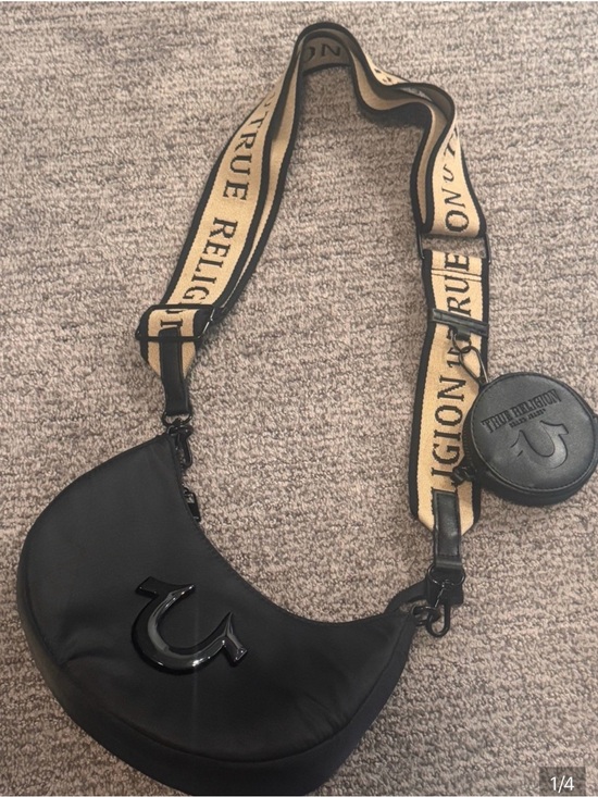 True Religion Handbags - True Religion Black Crescent Bag with Beige Branded Strap